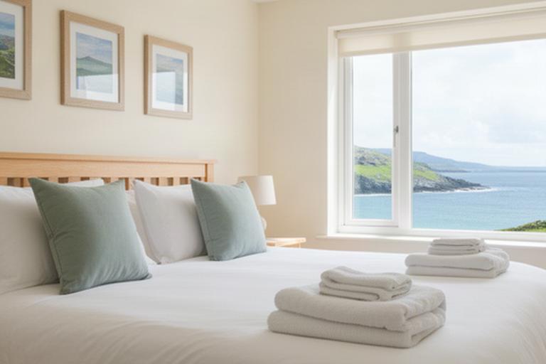 Bright Donegal holiday rental bedroom with freshly made beds, folded towels and a clear coastal view