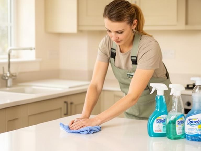 A cleaner wiping a bright Letterkenny home kitchen, with a clear worktop and cleaning cloth in hand