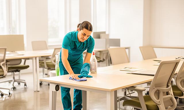 Cleaner preparing a bright Letterkenny office before the working day, with desks and a shared meeting table ready for staff