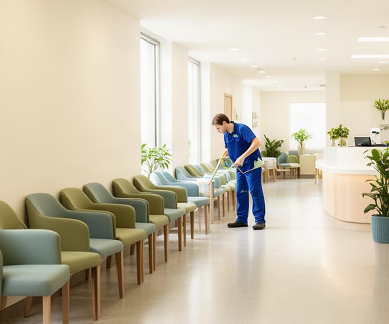Cleaner preparing a bright clinic reception for opening, with neatly arranged chairs and a clear walkway